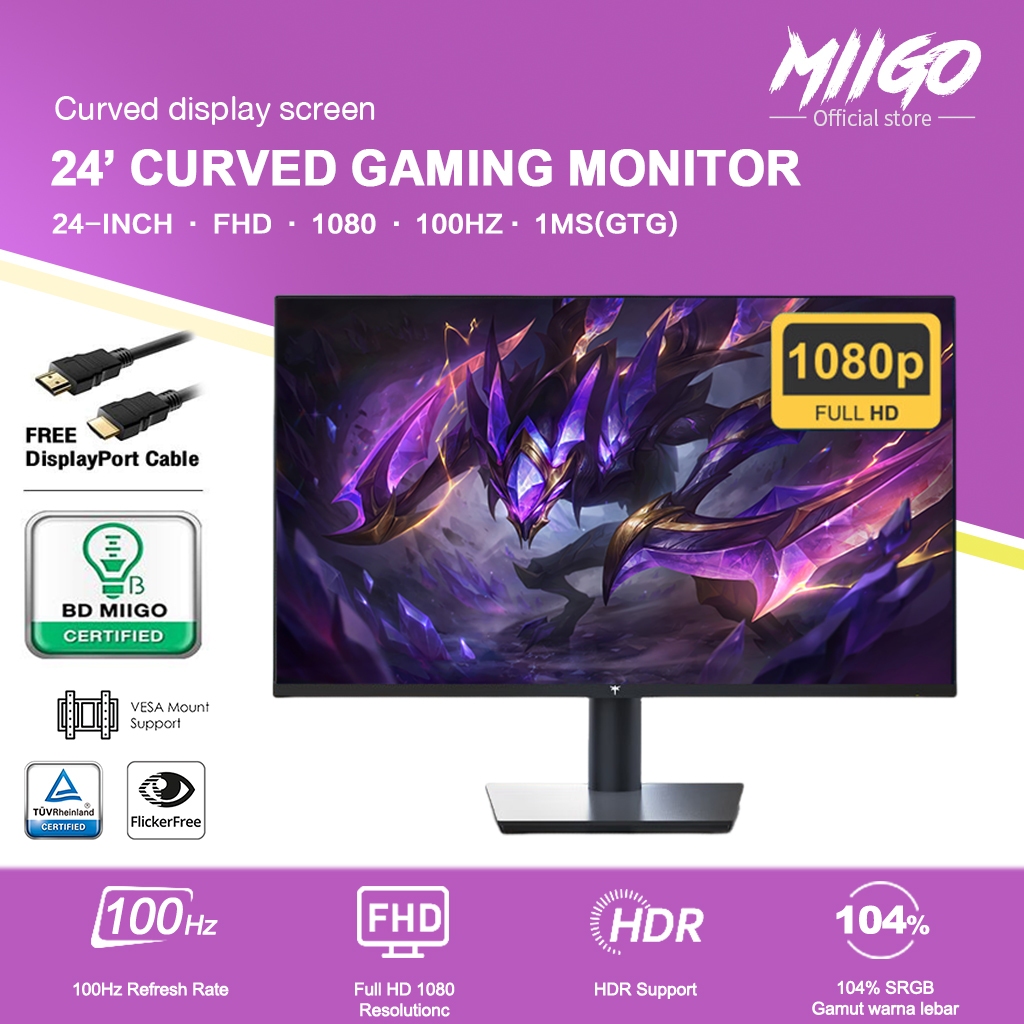 MIIGO- layar lengkung 24 inci,,100HZ,layar HD, monitor permainan, panel IPS, Monitor Gaming Profesio