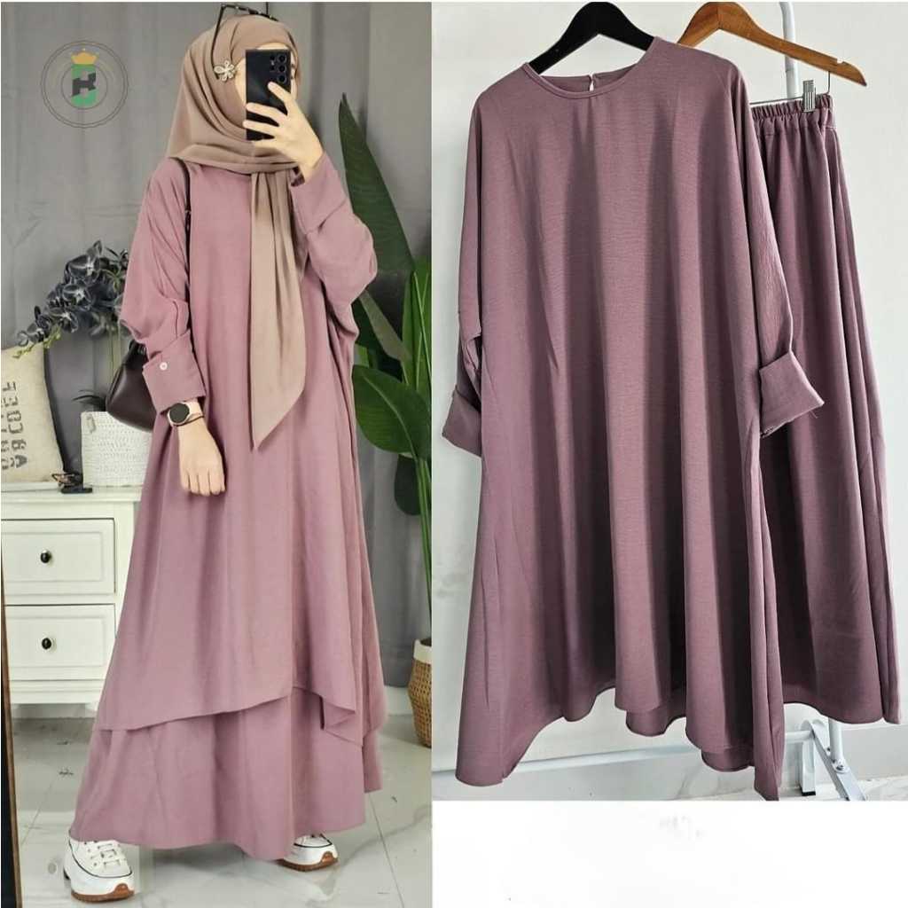 Tunik Fatiya Set Rok / One Set Abaya Cringkle airflow premium Tunik+Rok Jumbo fashionable Baju Setel