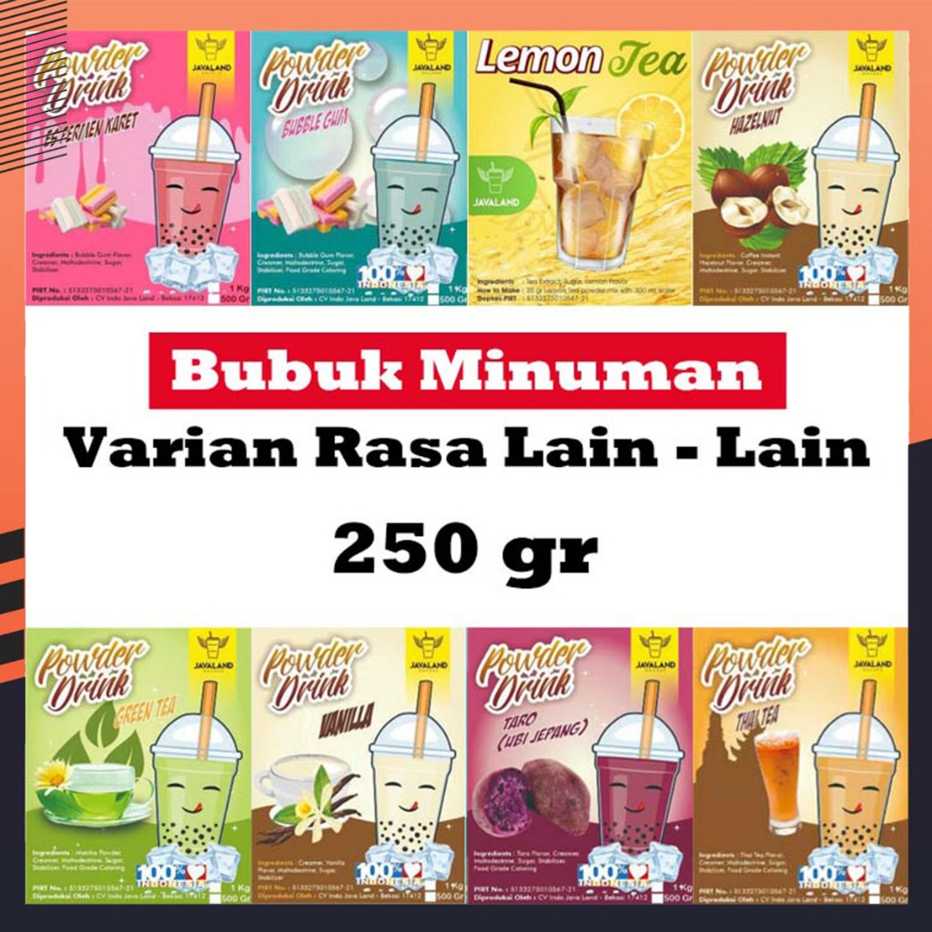 

Javaland Bubuk Minuman Reguler Plain Varian Rasa Lain - Lain Kemasan Repack 250gr / 250 Gram