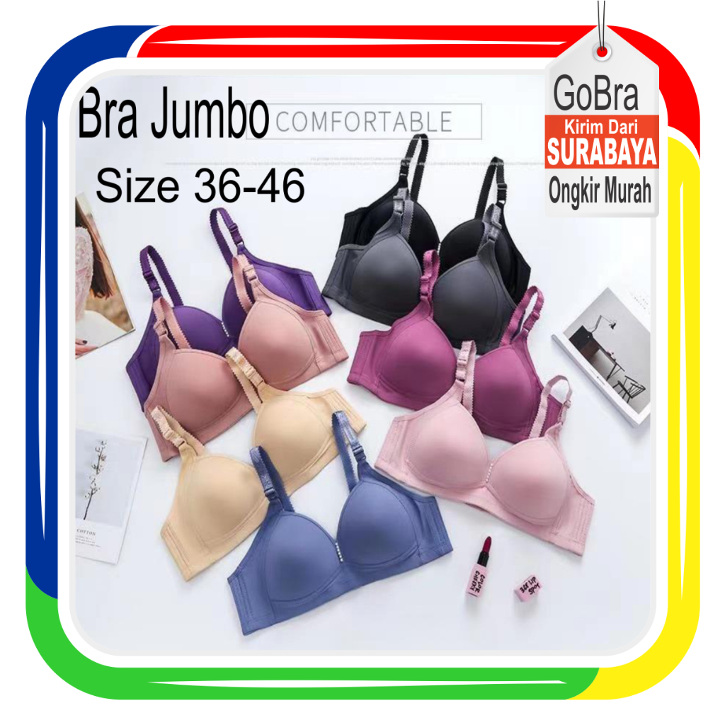 Gobra ♕ PW186 Bra Wanita Jumbo Size 36-46 Fashion Simple Tanpa Kawat Warna Ada Pengait Belakang Kore