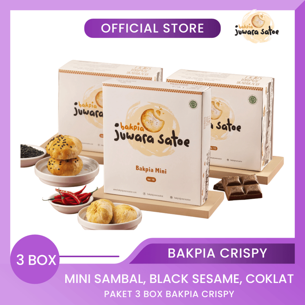 

BAKPIA JUWARA SATOE [ 3 Box ] Paket Bakpia Crispy (Mini Sambal, Black Sesame, Coklat) - Oleh Oleh Khas Jogja