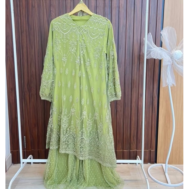 dress gamis kekinian busui by calamaryshop gamis brukat sage green olive all size