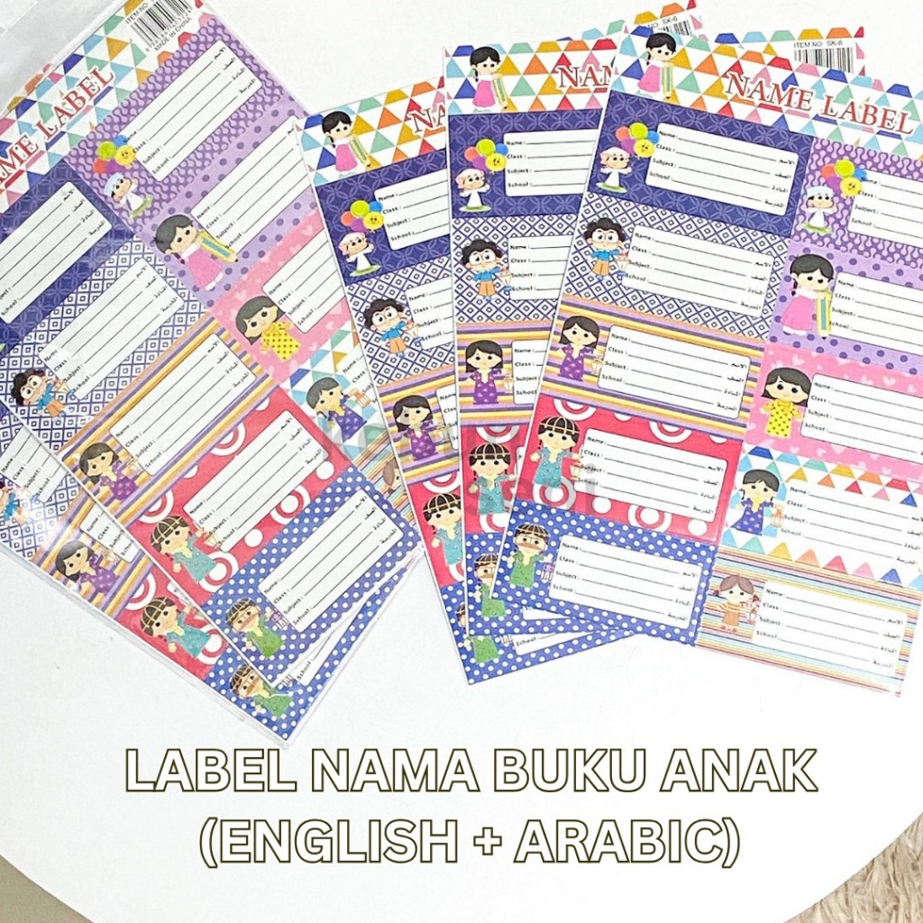 

Stiker Label Nama Buku Pelajaran Anak Naming Sticker Bilingual English/Inggris Arab/Arabic 1 Set Isi 10 Lembar | MN-1159