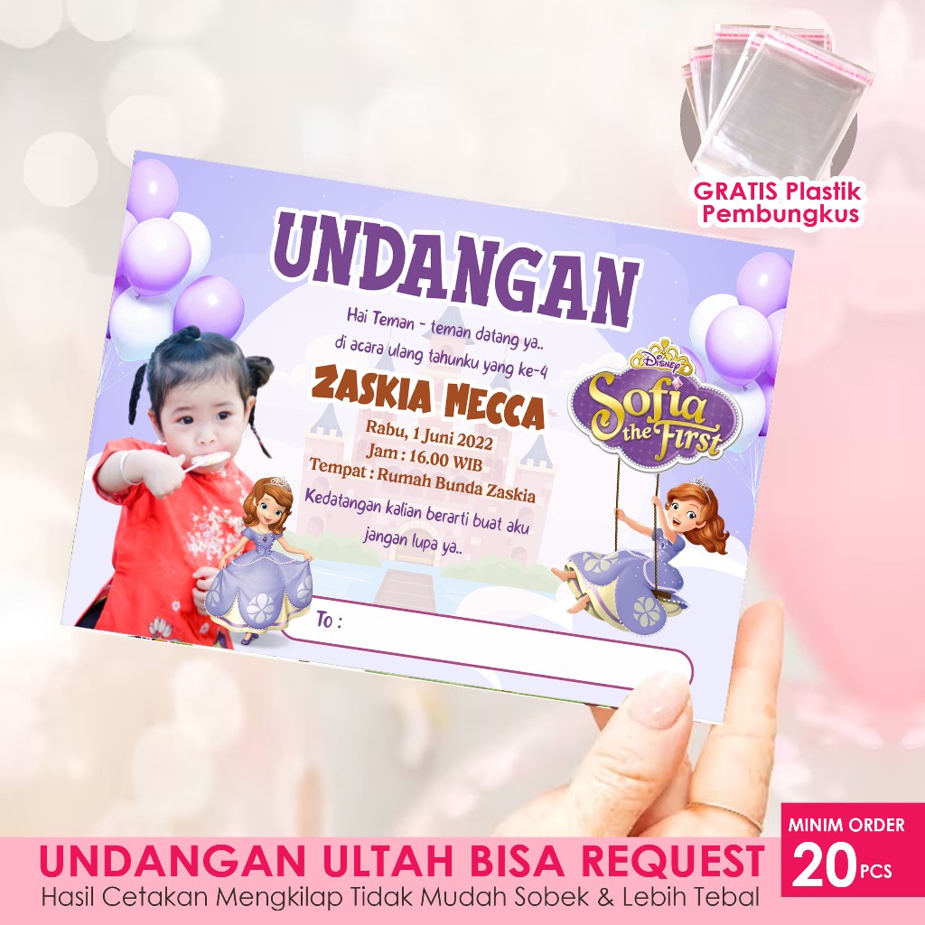 Undangan ulang tahun anak Perempuan  tema Sofia - undangan ultah sofia bisa request