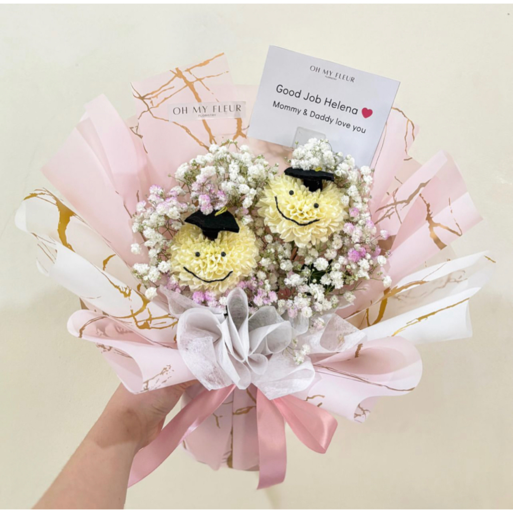 SMILEY BOUQUET | JUAL BUKET BUNGA FRESH SEGAR WISUDA GRADUATION POM POM KARAKTER WISUDA | KADO HADIA