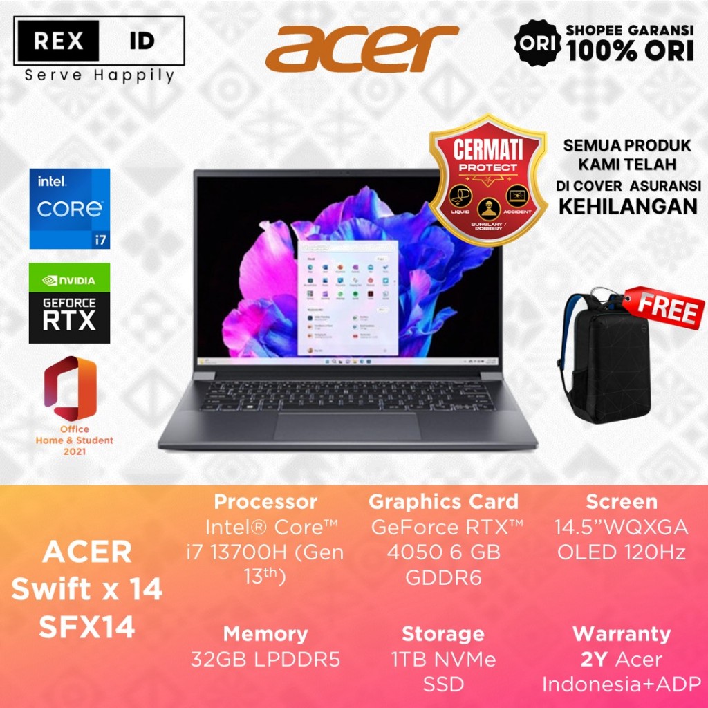 Acer Swift X 14 Oled SFX14 RTX4050 6GB Core i7-13700H 32GB 1TB W11+OHS 14.5 2.8K 120HZ 2YR+1ADP BLK -71G.70KB
