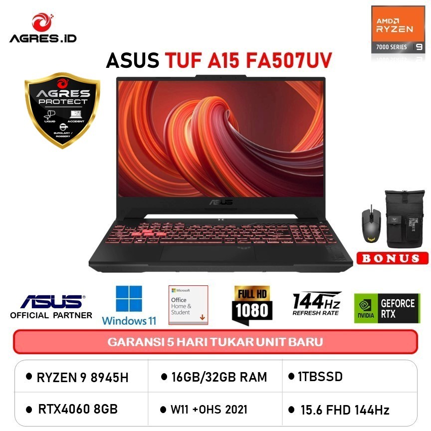 ASUS TUF A15 FA507UV RYZEN 9 8945H RTX4060 8GB/ 32GB 1TB W11+OHS+O365 15.6FHD 144HZ GRY -R946K9M-OM