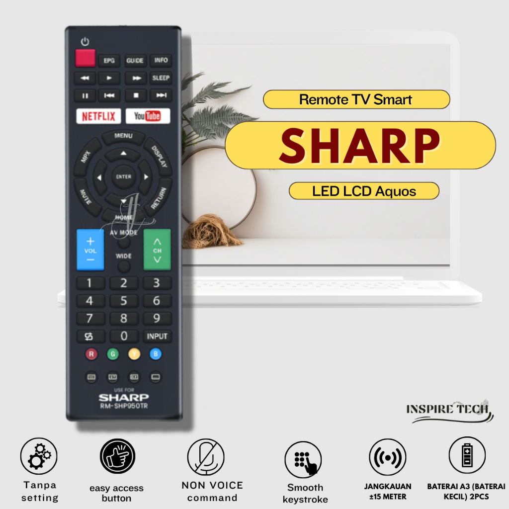 Remot Remote TV SHARP AQUOS Smart LED LCD 950 Android for B234WJSA -GB275WJSA LC-32SA4500I IR tanpa setting