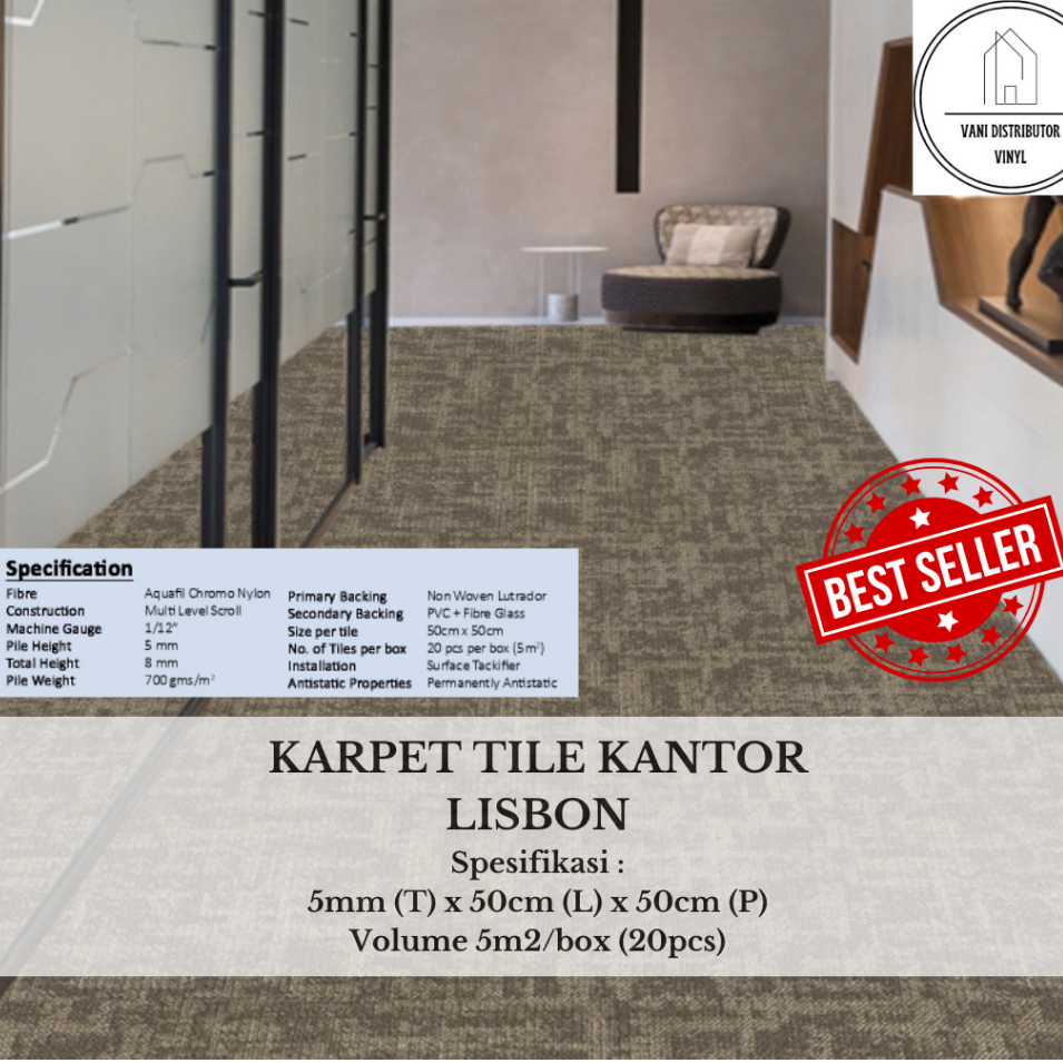 Karpet Kantor Tile Meteran Tebal 5mm LISBON Uk. 50cm x 50cm