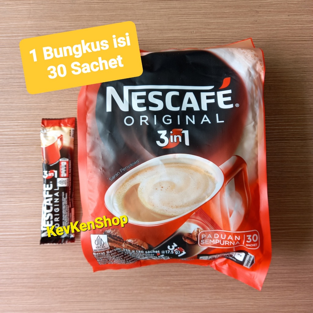 

Kopi NESCAFE 3in1 Coffee ORIGINAL 3 in 1 Harga per Bungkus isi 30 Sachet BPOM