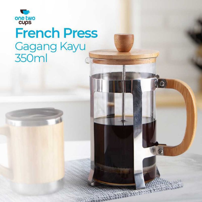 Teko Kopi French Press Unik Coffee Maker Pot Kaca Gagang Kayu 350ml