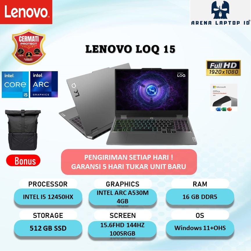 LENOVO LOQ 15 I5 12450HX ARC A530M 4GB/ 8GB 512GB W11+OHS 15.6FHD 144HZ 100SRGB BLIT 2Y+ADP GRY  -2H