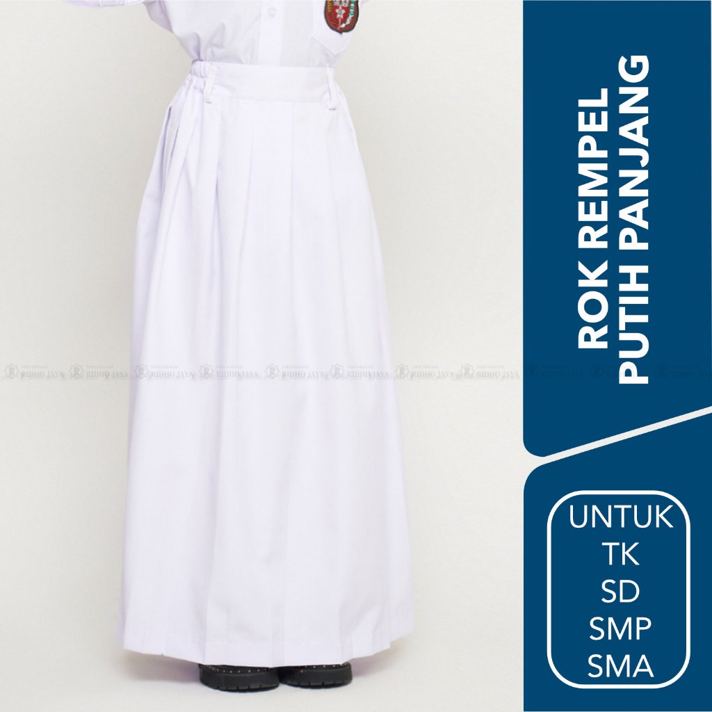 RIDHO JAYA Rok Rempel Putih Karet Panjang Rok Putih SD SMP SMA Rok Plisket