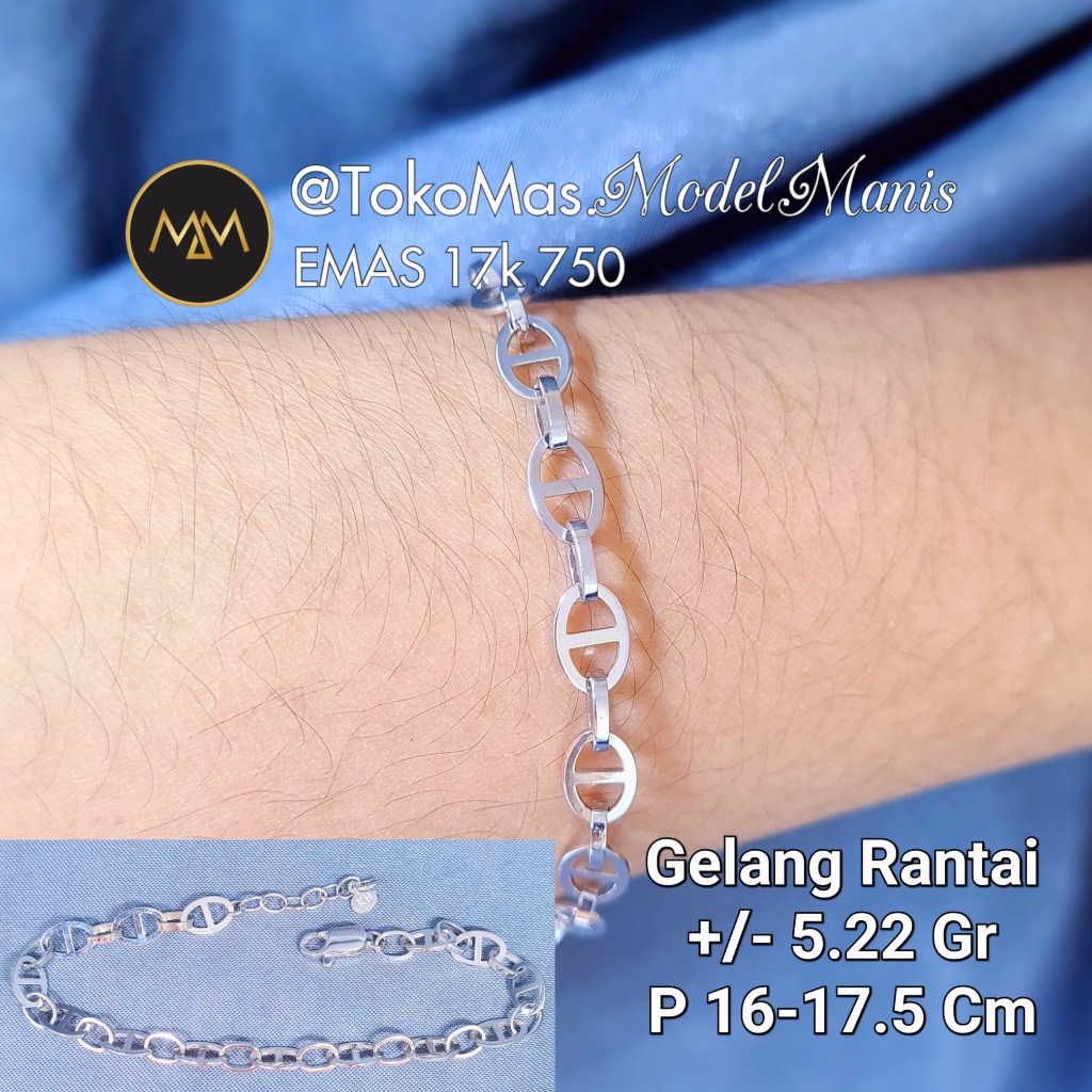Gelang Herme* padat solid emas putih 750 kadar 18k