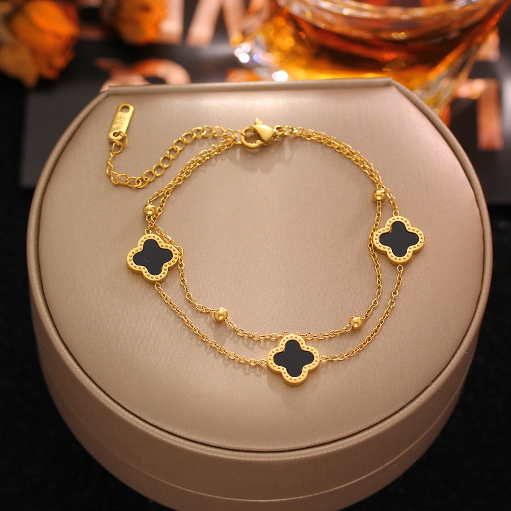 Gelang Tangan Rantai Titanium Wanita Layer 3 Clover Hitam / Gelang Titanium Wanita ANTI KARAT / Gela