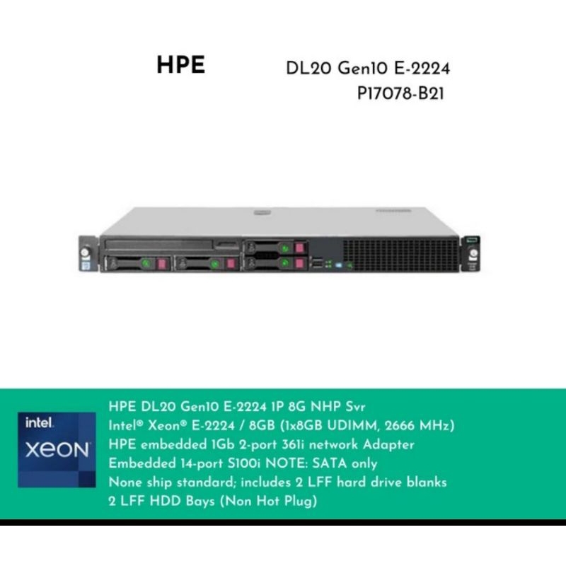 HPE DL20 Gen10 E-2224 - 2LFF Garansi Resmi
