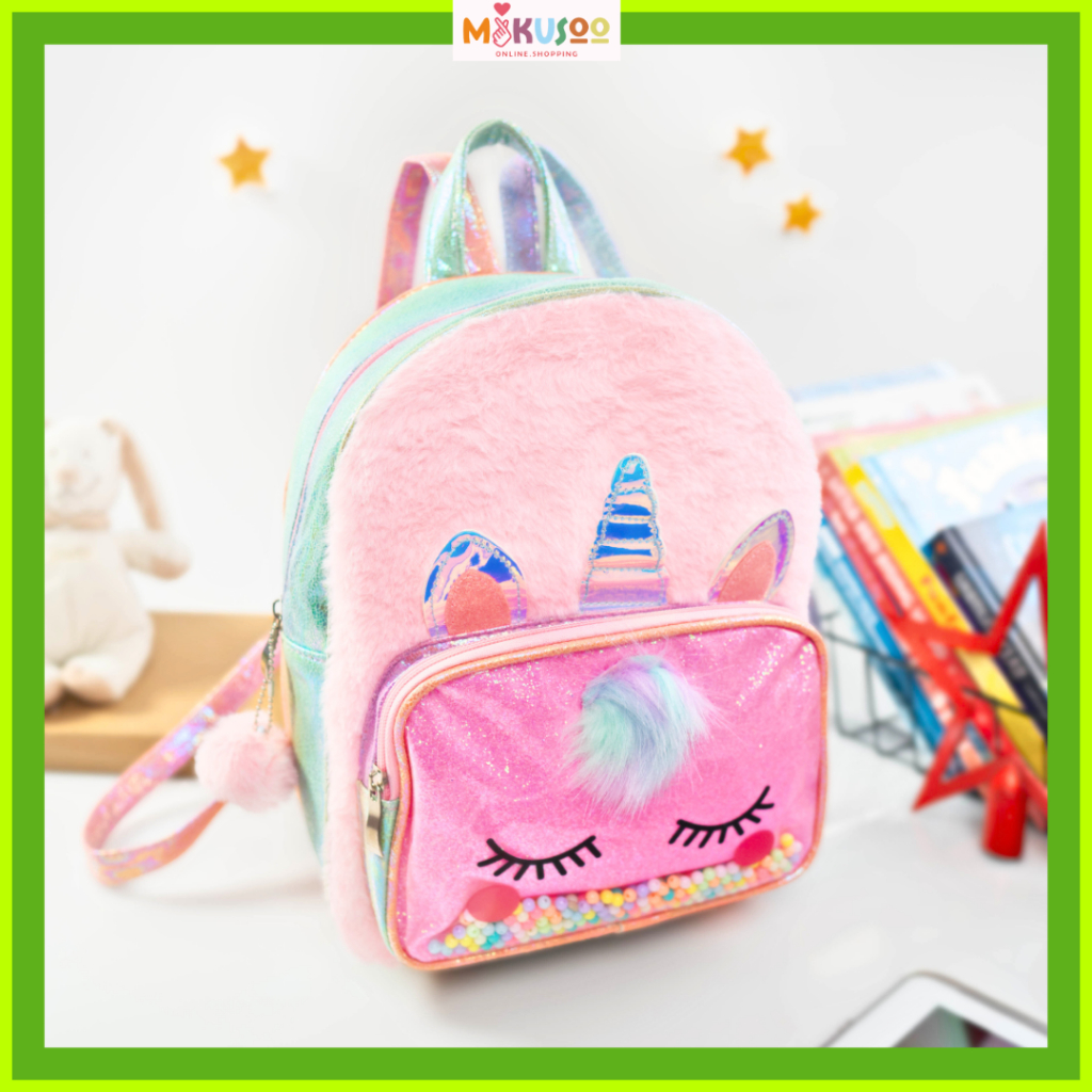 Mikusoo Tas Sekolah Ransel Besar Anak SD TK Remaja Perempuan Fashion Unicorn Sparkling Bulu Impor Ko