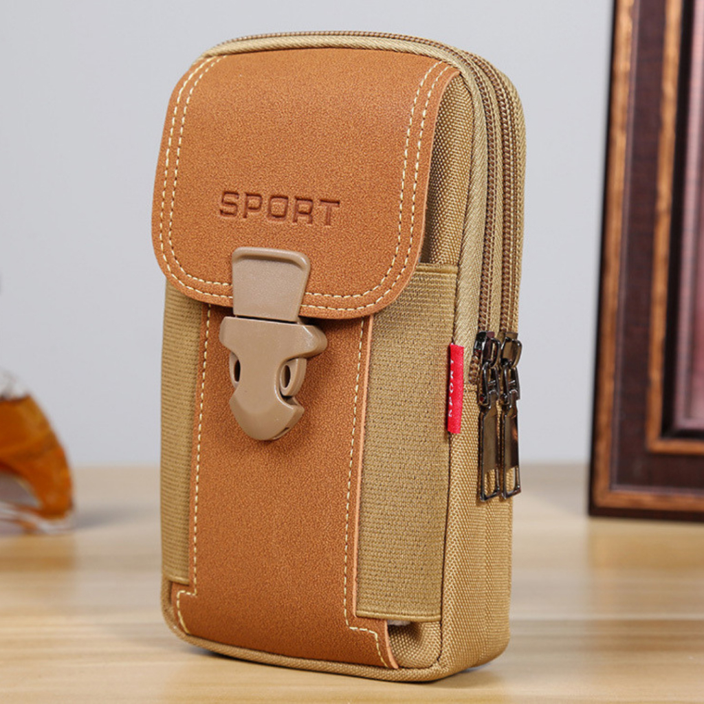 POUCH PRIA DOMPET PINGGANG COKLAT WA914B7 GESPER MUAT HANDPHONE KANVAS PREMIUM GRILLO FASHION KEKINI