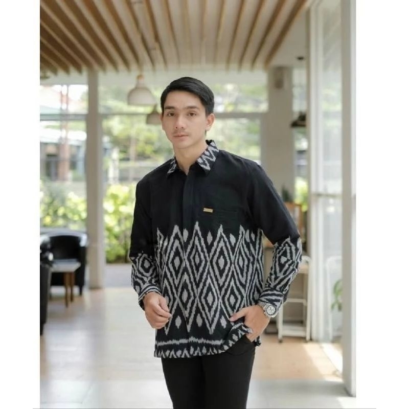Ready stok kemeja pria lengan panjang - tenun sima busana kemeja pria tenun blangket motif ntt toraj