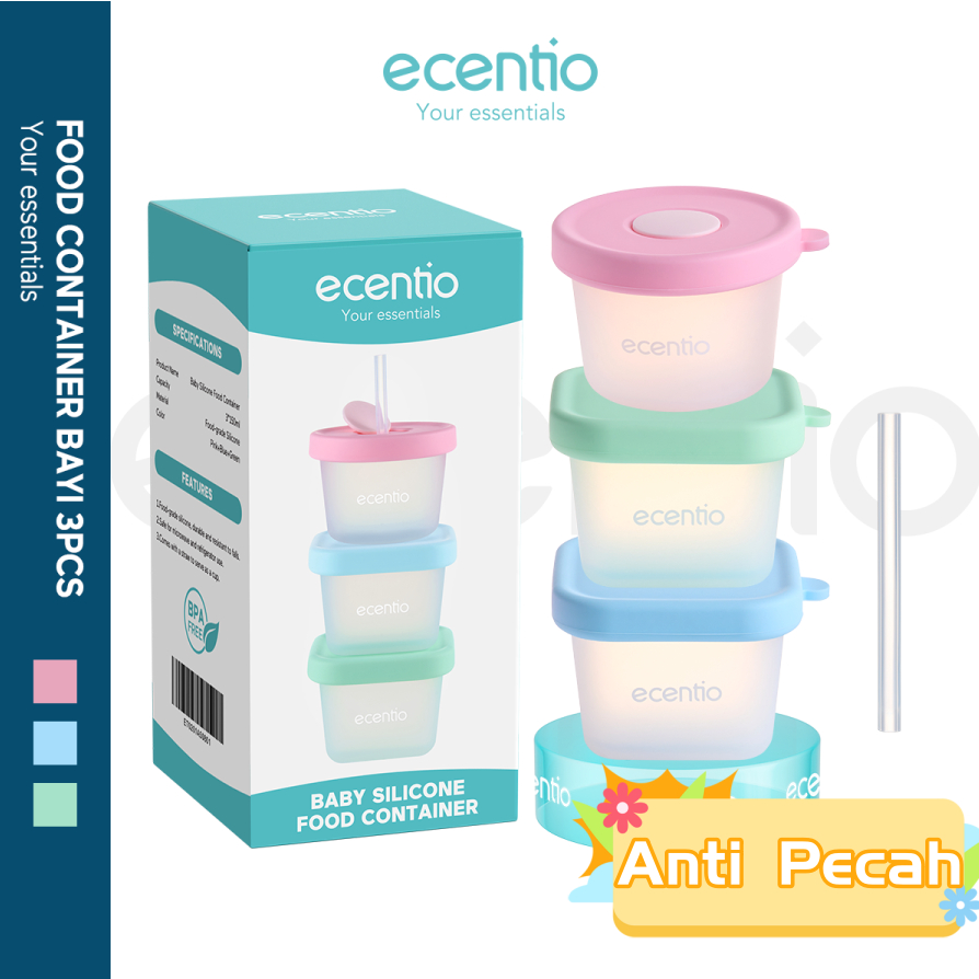 	 ecentiokids Food Container Silikon bayi 3pcs Set Free sedotan Tempat makan Kotak Mpasi anak Wadah Penyimpanan 150ml	