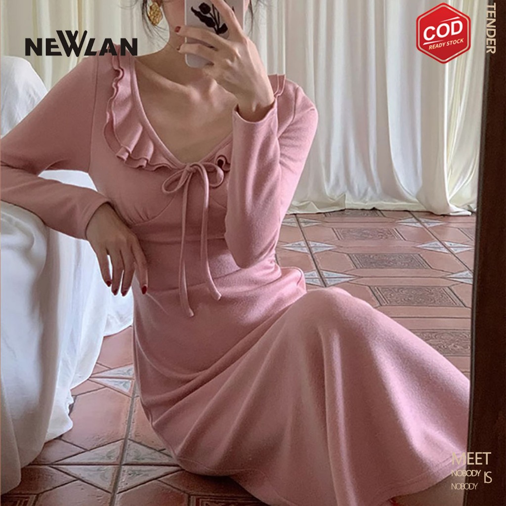 Newlan QZ128 Dress Pastel Rok Flare Serut Samping Korean Model Minimalis Elegant Sexy Long Dress Wan