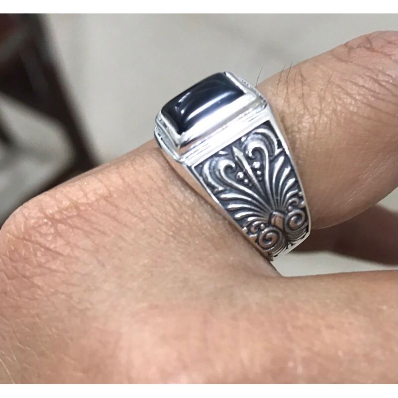 cincin perak pria permata persegi black onix terbaru