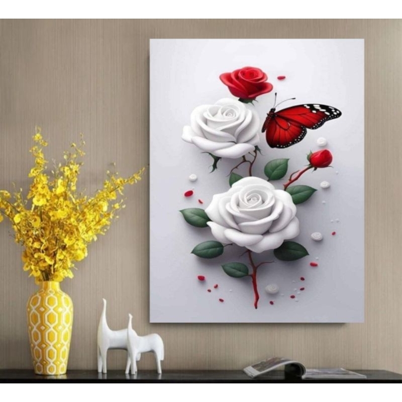 hiasan dinding,BUNGA MAWAR PUTIH DAN KUPU-KUPU,ukuran jumbo 100×70 cm dan 150×100 cm,poster cetak,lu