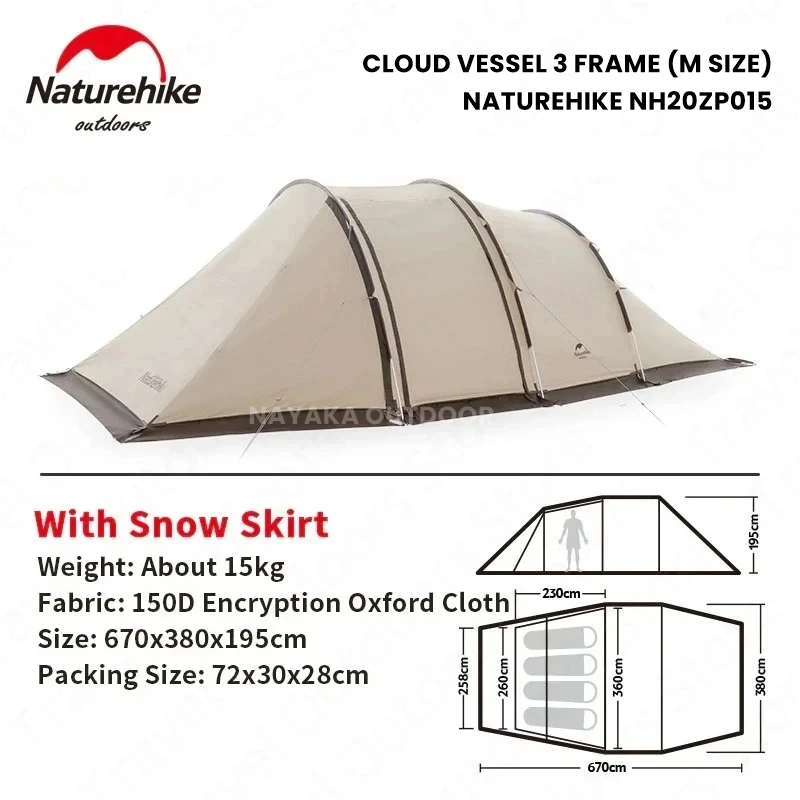 Tenda Naturehike Cloud Vessel 3 Frame NH20ZP015 Glamping Tenda Camping Keluarga Gunung 4 Orang Tunne