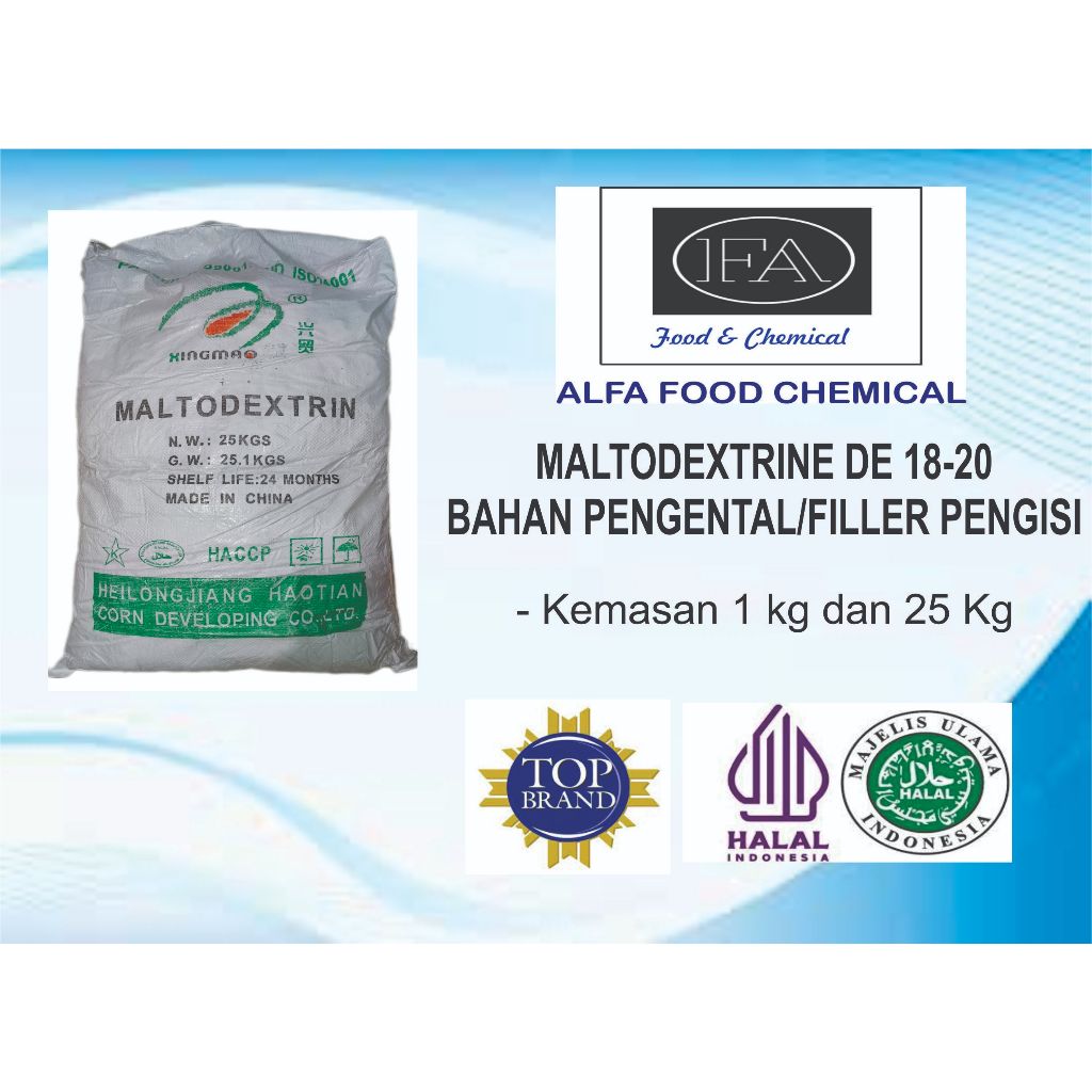 

MALTODEXTRINE/BAHAN PENGISI/DEXTRINE DE 18-20/ FILLER MAKANAN UKURAN 1 KG DAN 25 KG FOOD GRADE BERSERTIFIKAT HALAL MUI