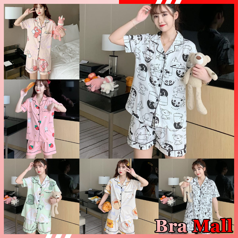 【 Bra Mall 】BM-319 Set Baju Tidur Wanita Dewasa Celana Pendek Piyama Model Kemeja HP Import Korea Mo