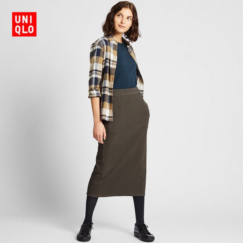 UNIQLO RIBBED PENCIL KNIT SKIRT DARK GREEN