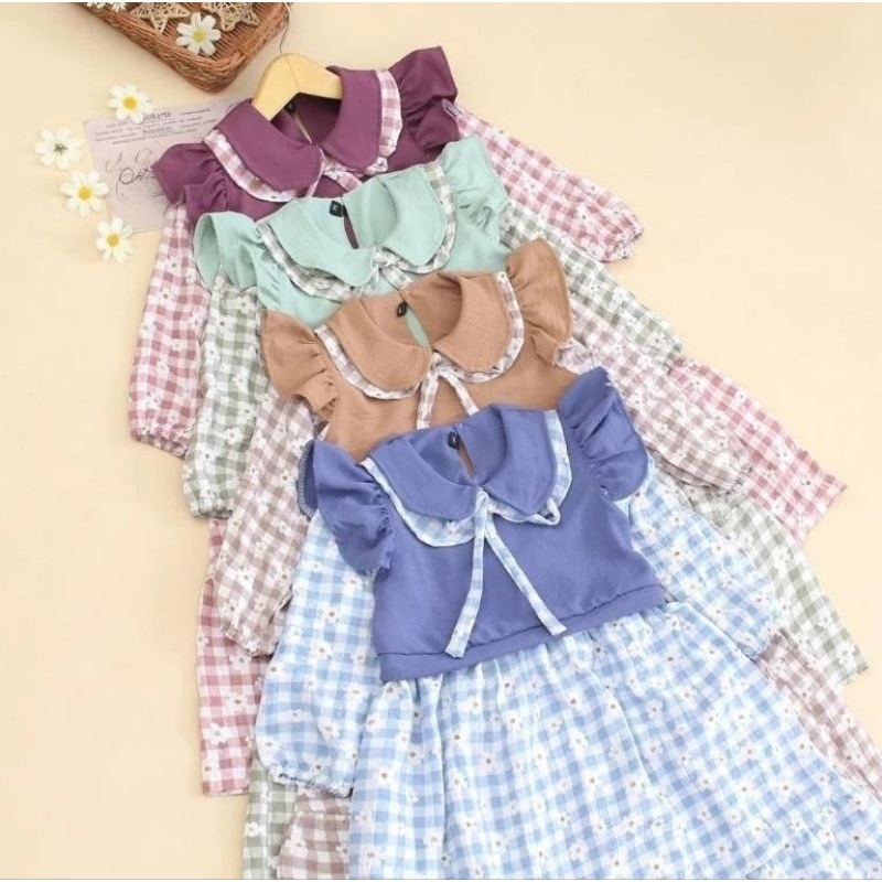 gamis anak perempuan kain crinkle motif kotak