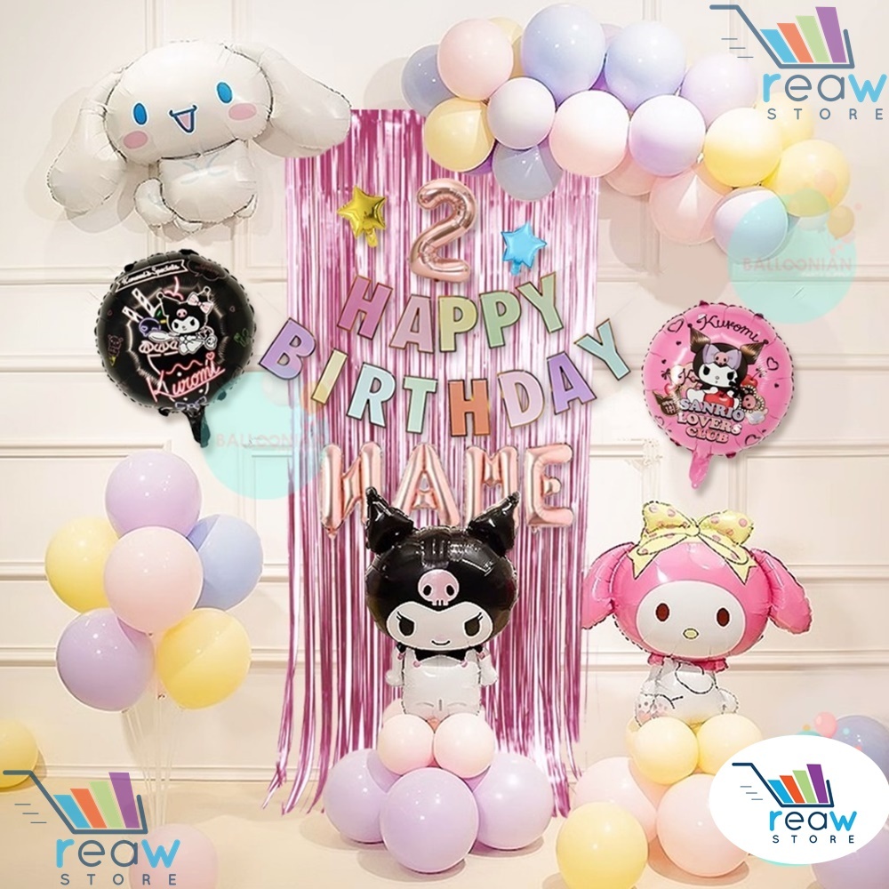 Paket Dekorasi Hiasan Balon Ulang Tahun Happy Birthday Sanrio Cinnamoroll Kurumi Melody 01