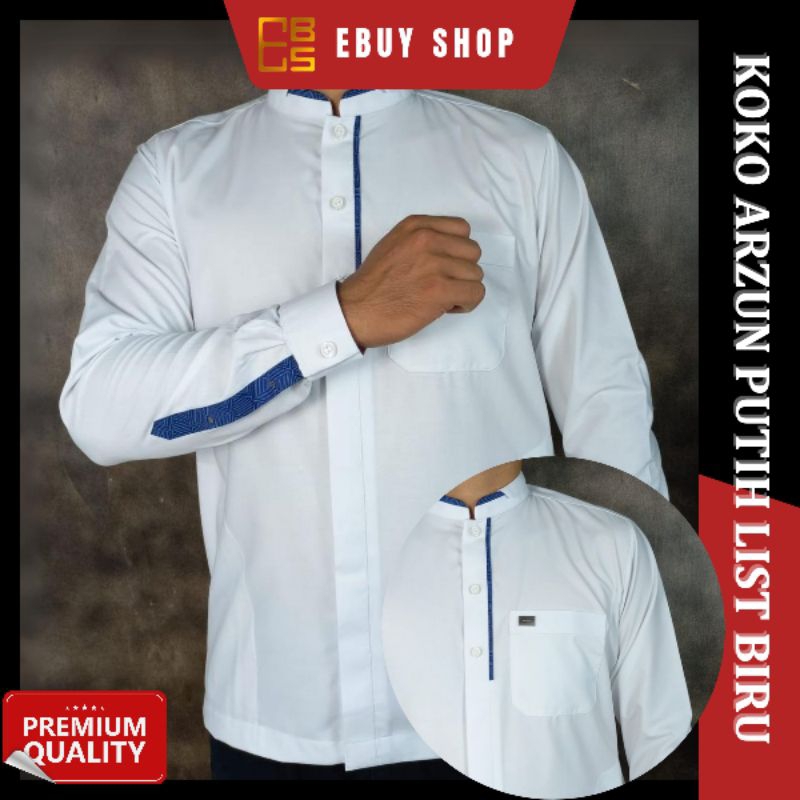 Koko Putih Arzun Premium Katun / Kemko Putih List Biru / Kemko Kemeja Koko Lengan Panjang Arzun / Ba