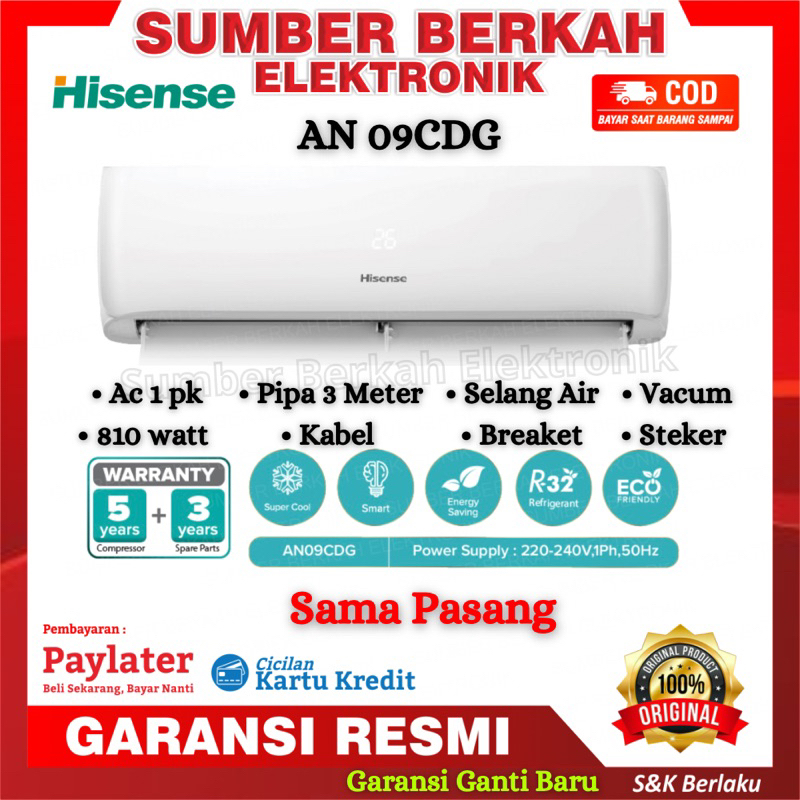 sama pasang Hisense AC Air Conditioner Standard low watt 810 watt 0.9PK 1 PK - AN09CEG