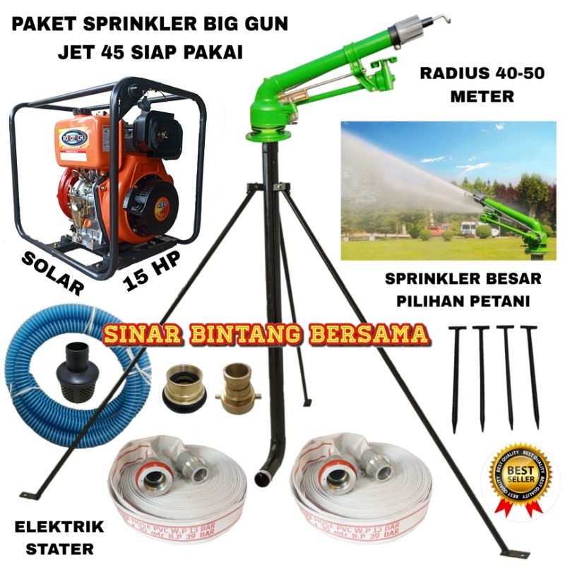 PAKET SPRINKLER BIG GUN JET-45 RADIUS KELILING 80-100 METER KOMPLIT MESIN 3" SOLAR 15 HP STATER