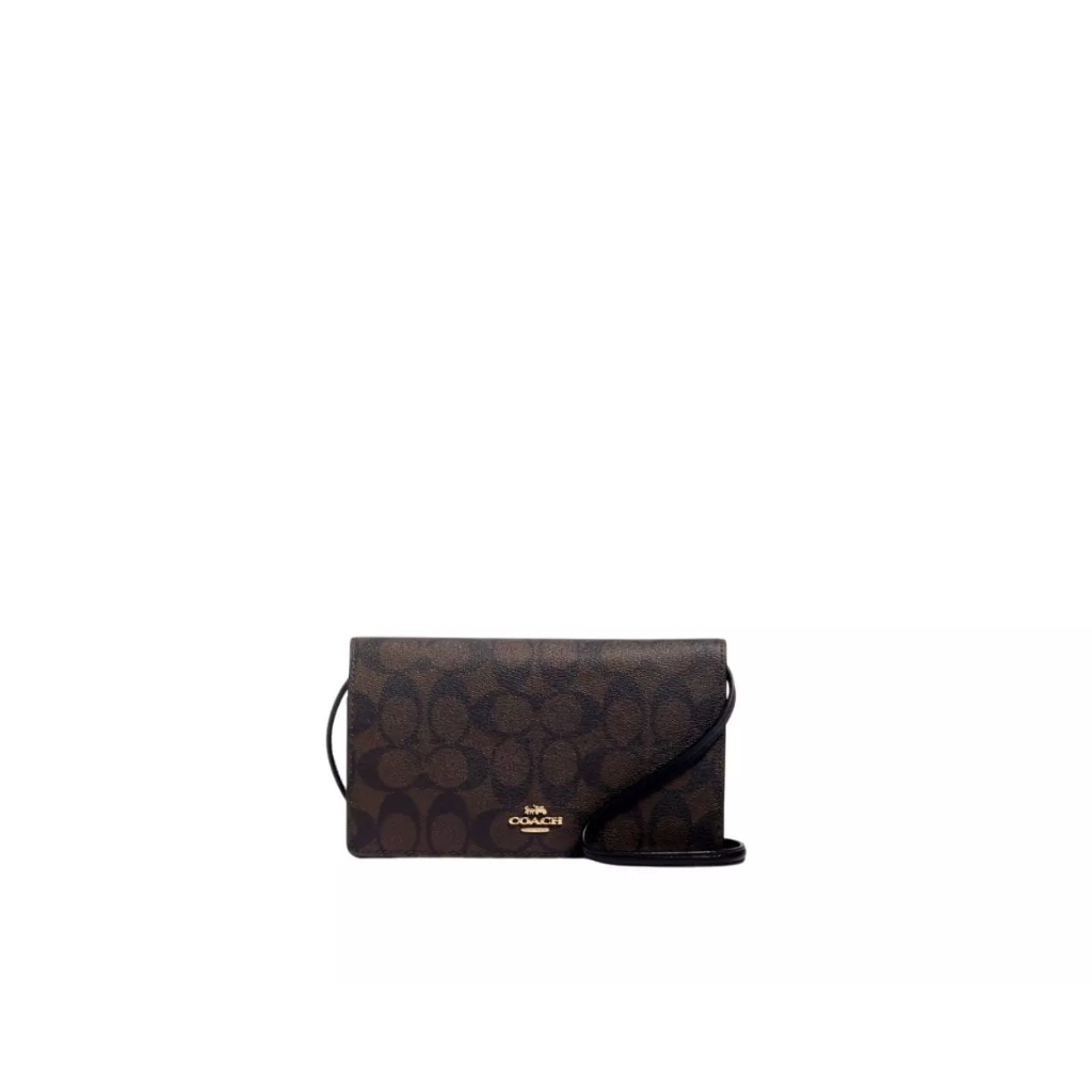 COACH Anna Foldover Clutch Crossbody In Signature Canvas Brown Black