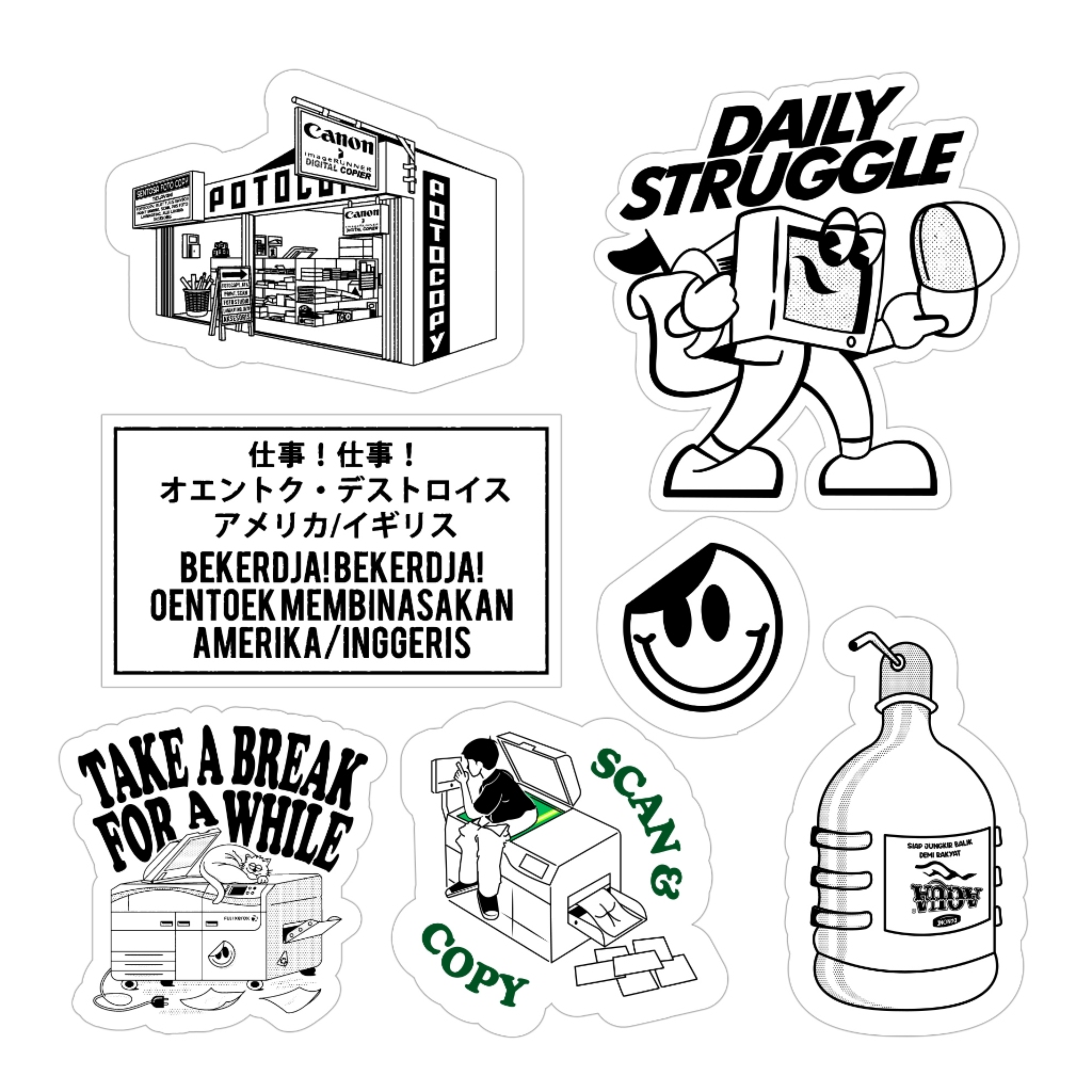 

STICKER PACK HITAM PUTIH FOTOCOPY BEKERJA KOMPUTER