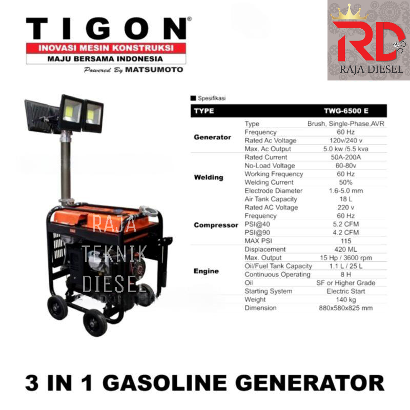 Mesin Las Serbaguna Tigon TWG 6500E 4in1 Genset Las , Compressor, Lampu ORIGINAL