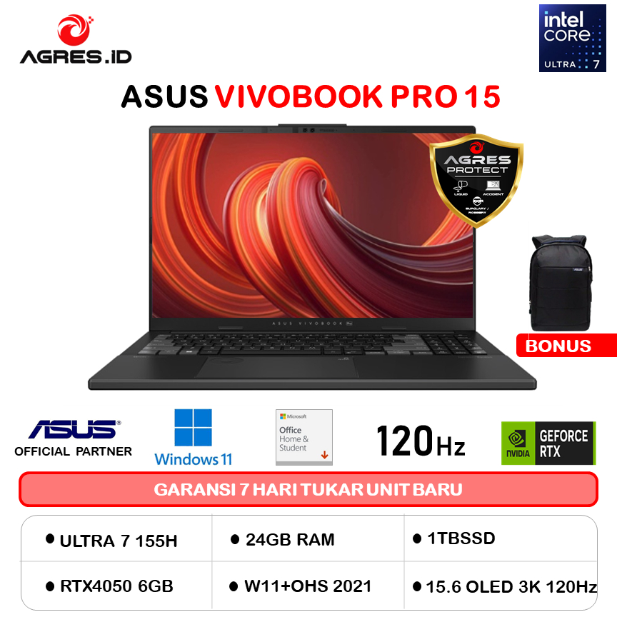 ASUS VIVOBOOK PRO 15 OLED N6506MU ULTRA 7 155H RTX4050 6GB/ 24GB 1TB W11+OHS 15.6 3K 120HZ GRY -OLED