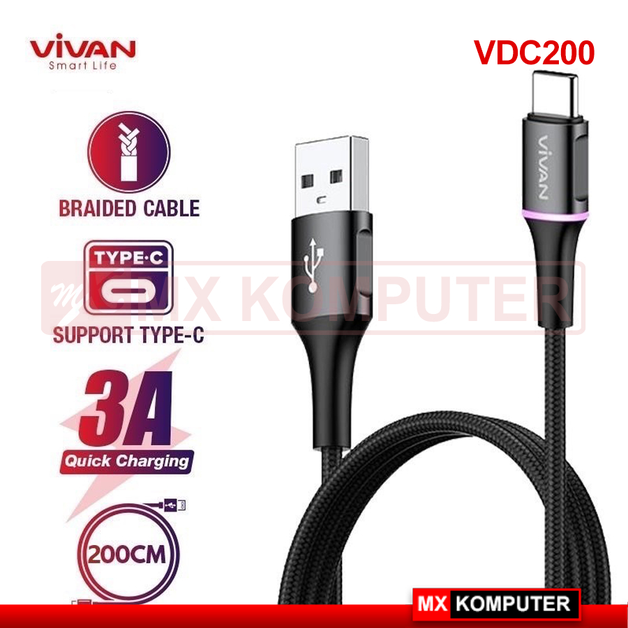 Vivan VDC200 2M USB-C Data Cable 3A LED Light Type C