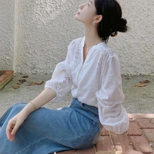 2903 Baju atasan kemeja BLOUSE DEANNA EMBROIDERED COTTON KATBOL VNECK BAND COLLAR top katun bolong K