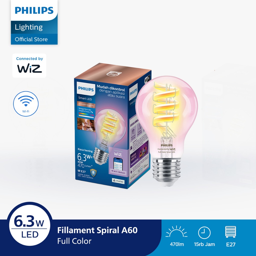 Philips Lampu Smart Wifi LED Filamen Spiral 6.3W A60 RGB