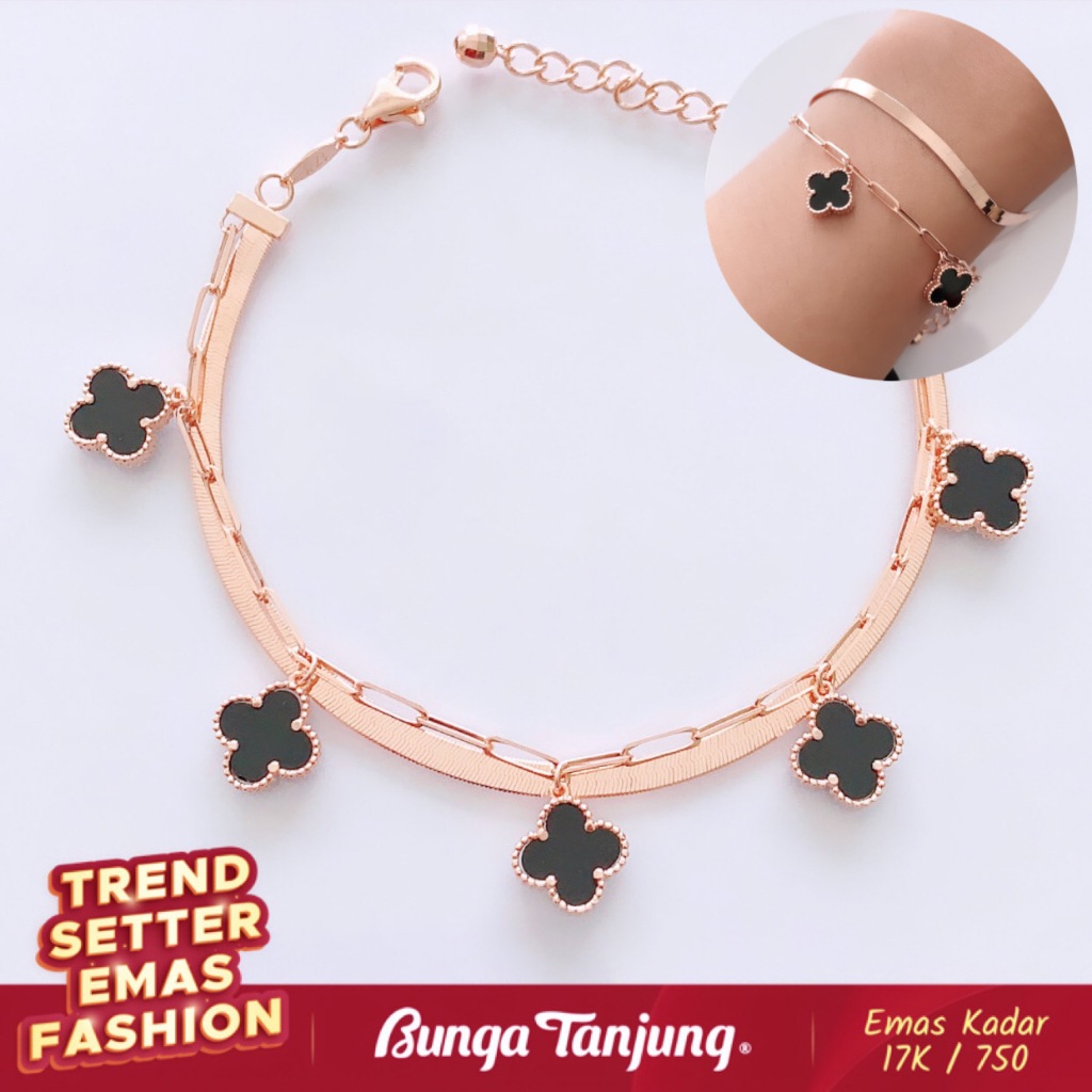 GELANG SUPER FLAT X CLOVER HITAM - EMAS 17K - BUNGA TANJUNG GOLD