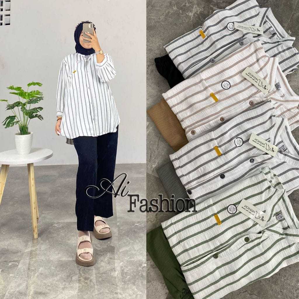 SETELAN CRINKLE GARIS SALUR DEWASA JUMBO // SETELAN KEMEJA MOTIF SALUR GARIS