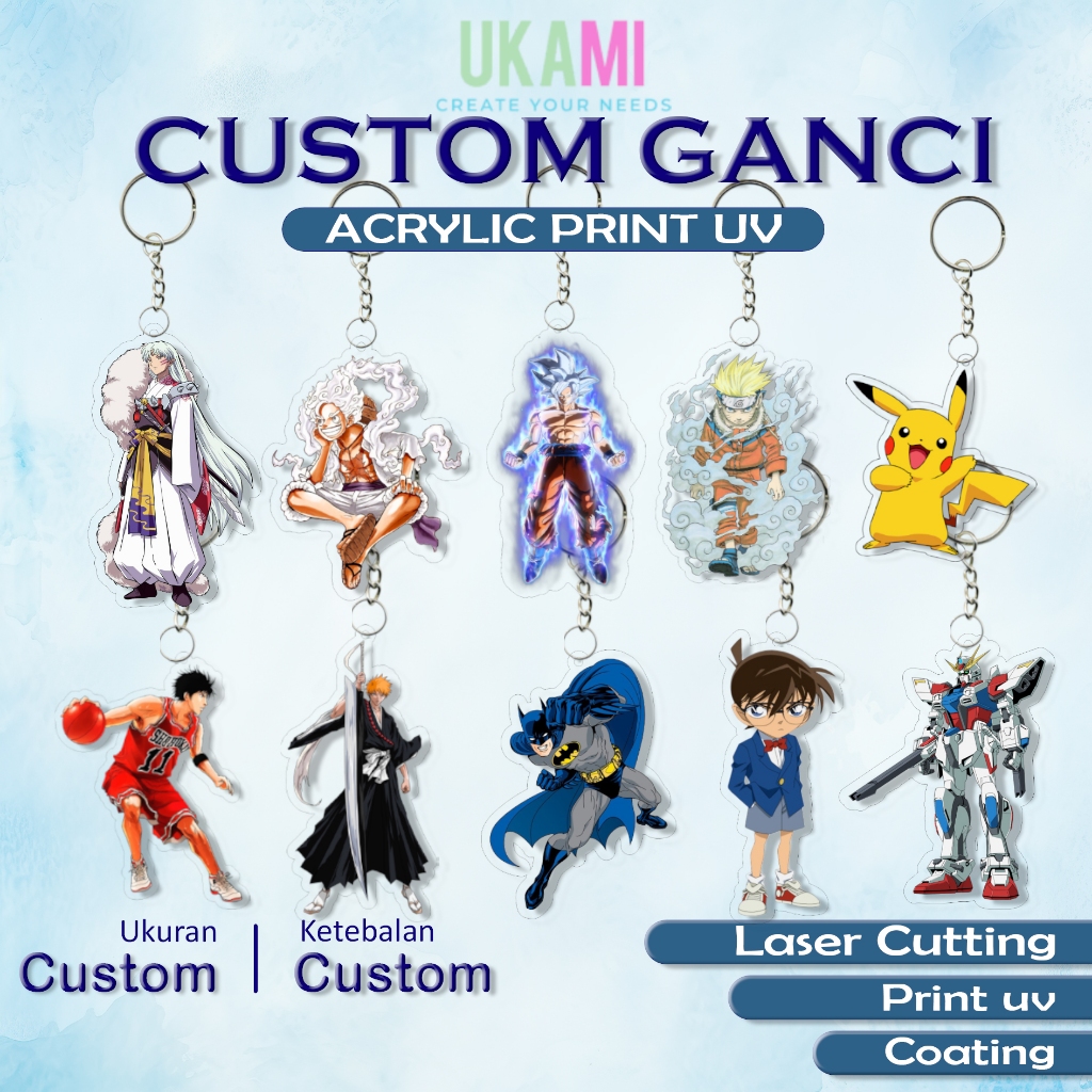 Custom Keychain Ganci Akrilik - Gantungan Kunci Acrylic Print UV Anime Kartun Foto Nama initial Coup