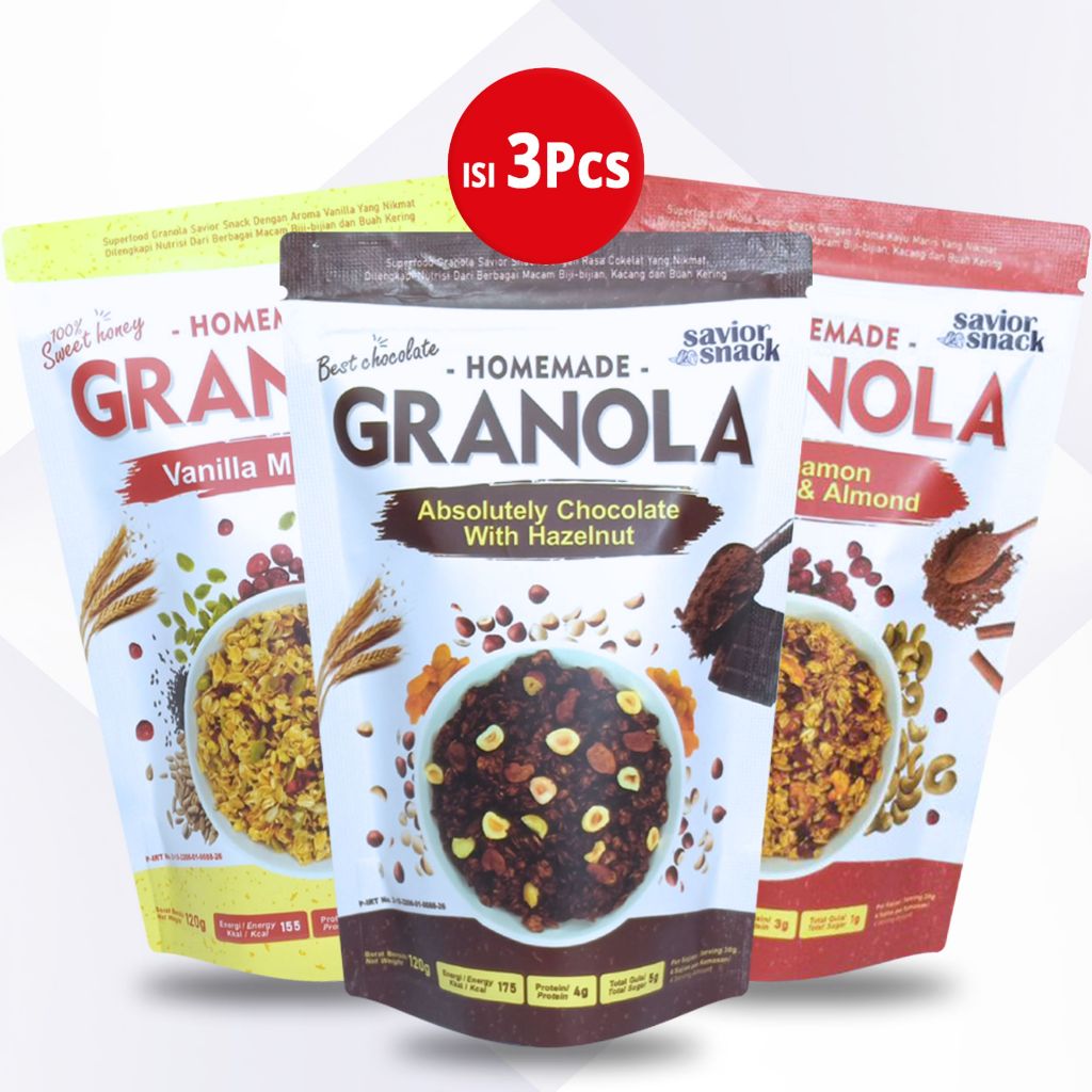 

Cemilan Enak dan Murah 1 Paket Campur Sereal Makanan - Granola Absolutely Chocolate with Hazelnut, Granola Crunchy Cinnamon Cashew & Almond, Granola Vanilla Mix Seeds Slice Almond, By Savior Snack