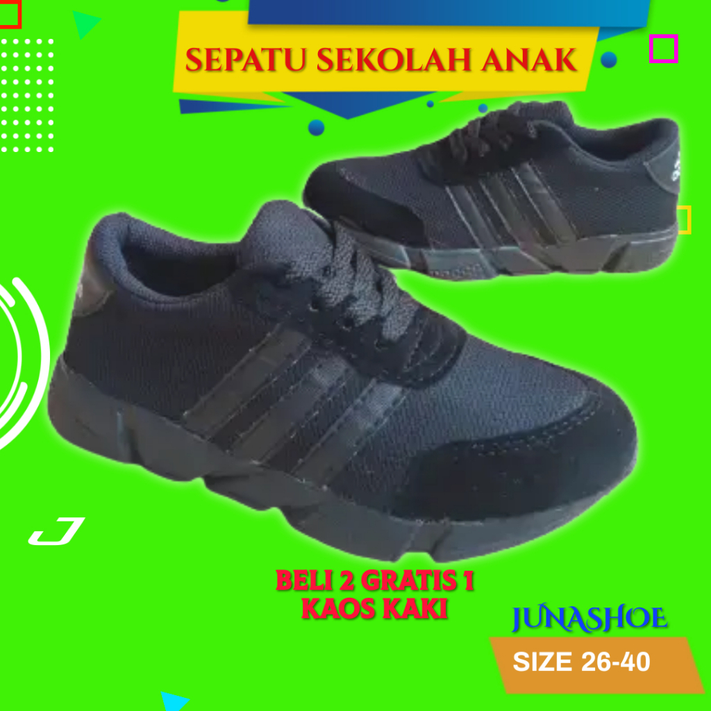Sepatu Sneakers Anak Anak Laki Laki Perempuan Tali Hitam Polos Sepatu Sekolah SD SMP SMA