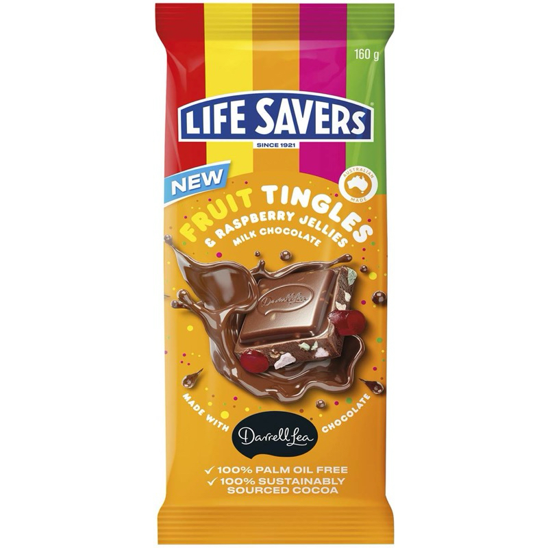 

Darrell Lea Life Savers Fruit Tingles Milk Chocolate Block 160g - Australia