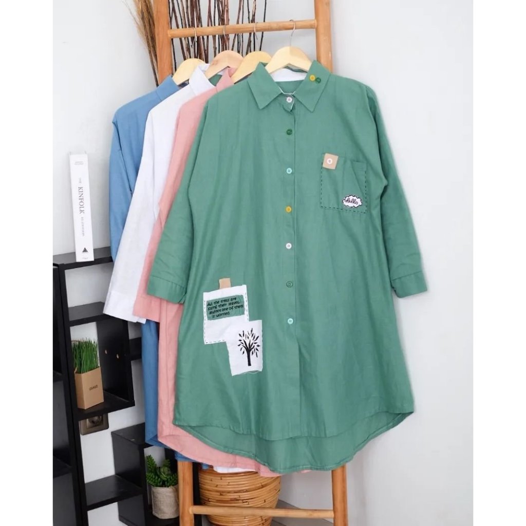 Hello Tunik Kain Linen Rami Mix Bordir Tunik Modern Simpel Elegan Baju Atasan Wanita Terbaru Tunik W